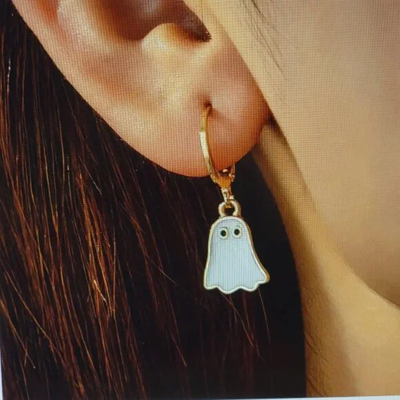 Boho Halloween Ghost Earrings Dangling Huggie White Gold Tone 1.18 In - Picture 2 of 11